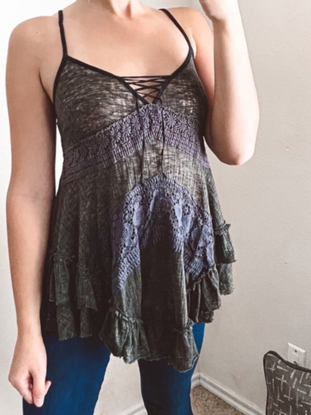 Free People Gray Crochet Lace Strappy Tank Top Slip Tunic